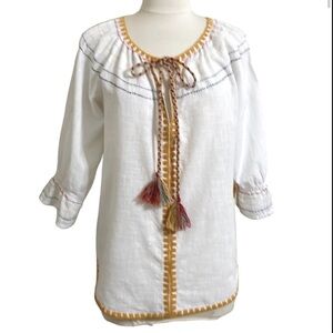 White Popover Festival Blouse Yellow Trim Tassel Tie Front Top Stitch